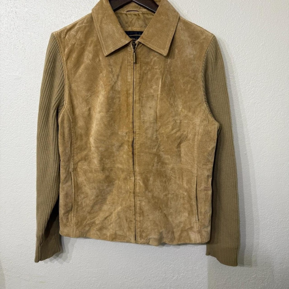 Tan and brown suede jacket with ribbed sleeves